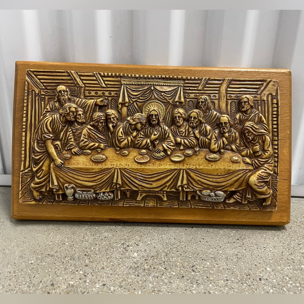 Vintage Last Supper Wall Art Religious Decor Wood Carved Relief Plaque